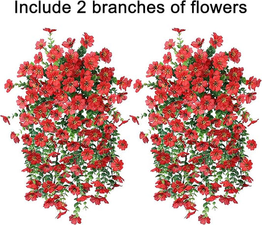 INSPRING Artificial Faux Outdoor Outside Flowers Plants, 2 PCS Fake Silk UV Resistant Look Real Red Daisy Trailing Vines for Front Door Porch Planter Urn Patio Balcony Decoration