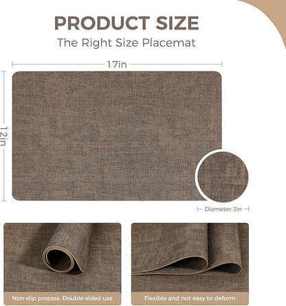 Vinyl Placemats Set of 6, Faux Leather Waterproof and Heat Resistant Place Mats, Washable Anti-Slip Table Mats with Coaster, Wipeable Placemats for Indoor & Outdoor 17" x 12" (Dark Coffee, Set of 6)