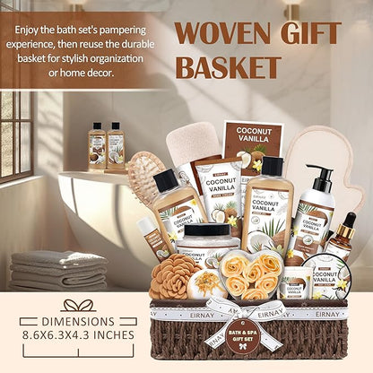 Christmas Gifts For Women - 16 PCS Birthday Gift Basket for Women Set of Coconut Vanilla Self Pampering Set, Includes Luxurious Home Spa Shower Gel Bubble Bath