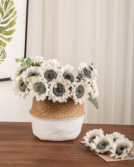 DuHouse 12pcs Artificial Sunflowers with Long Stems 5.5" Silk Sunflowers Bulk for Wedding Home Garden Outdoor Party Decoration(White)