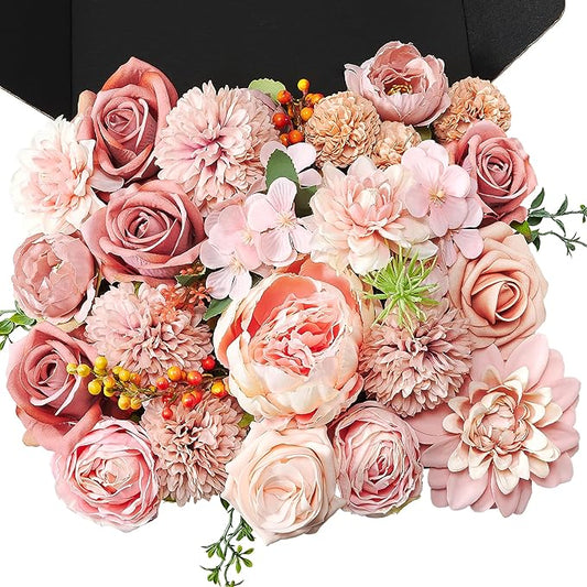 Artificial Flowers Combo Box, Fake Silk Foam Flower Mix with Wire Stem, DIY Wedding Bridal Bouquet Shower Party Home Décor (30-40 Pieces) (Pink)