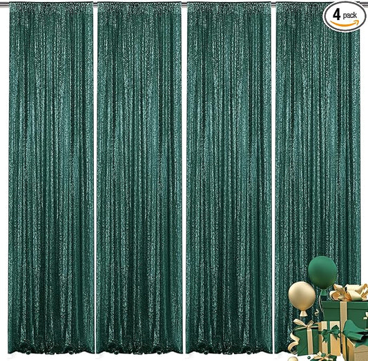 Dark Green Sequin Backdrop Curtain 4 Pieces 2FTx8FT Glitter Photography Backdrop for Party Wedding Birthday Christmas Decorations