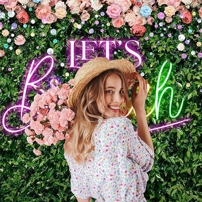 Riyidecor Green Leaves Let's Brunch Backdrop Polyester Fabric Neon Pink Rainbow Floral 7Wx5H Feet Greenery Photography Background Grass Lawn Women Brunch Party Photo Studio Shoot