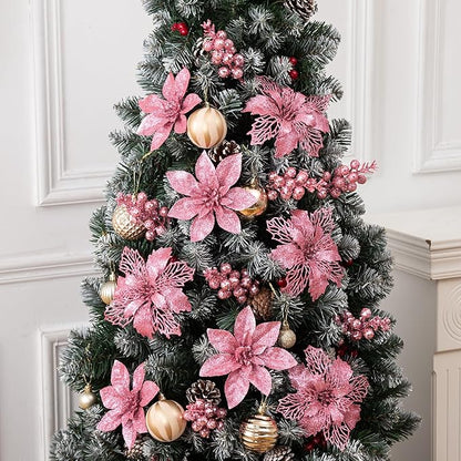24Pcs Pink Glitter Poinsettia Christmas Tree Ornaments and Glitter Berries Stems, 16Pcs Christmas Artificial Flowers and 8 Pack Christmas Tree Picks for Wedding Holiday Decorations