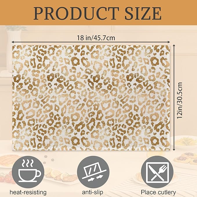 Gold Black Leopard Placemats Set of 6,Washable Heat Resistant 12×18 Inch Linen Table Mats White Gold Place Mats for Party Outdoor Dining Décor