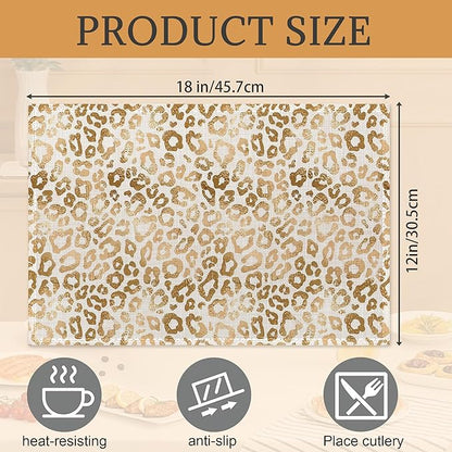 Gold Black Leopard Placemats Set of 6,Washable Heat Resistant 12×18 Inch Linen Table Mats White Gold Place Mats for Party Outdoor Dining Décor