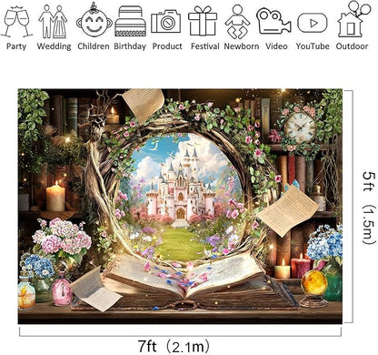 Riyidecor Fairy Woodland Library Backdrop Polyester Fabric Enchanted Castle Tale Reading Bookshelf Pink Floral Plant Botaniy 7Wx5H Feet Magic Nature Photography Background Birthday Photo Studio Shoot
