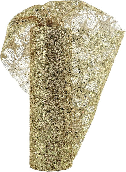 MEEDEE Gold Glitter Mesh Star Web Ribbon 10 Inch Wide by 10 Yards Roll Gold Mesh Fabric Ribbons Decorative Mesh Ribbon for Christmas Tree, Garland, Holiday Crafts, Wreaths, Bows, Home Decor