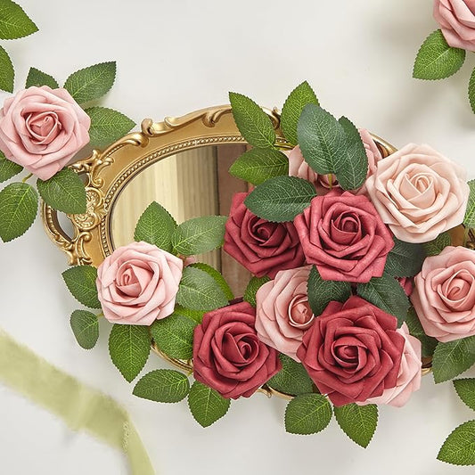 Artificial Flowers, 50pcs Hot Pink and Blush Artificial Rose for DIY Wedding Bouquets Centerpieces Arrangements, Fake Flower with Stem for Party Home Decorations