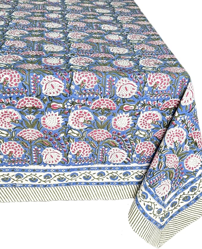 ATOSII Clover Pink 100% Cotton Rectangle Boho Fall Tablecloth, Handblock Floral Table Cloth Linen for Kitchen Dining I Parties Wedding Outdoors Christmas Thanksgiving I 72 X 120 Inches I 10 Seater