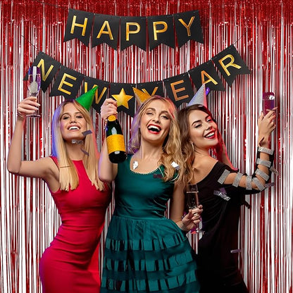 Red Tinsel Curtain Party Streamer, Foil Curtain Backdrop Photo Booth Props for Birthdays Bridal Shower Valentines New Years Party Decorations - 2 Pack 3.2×8.2ft