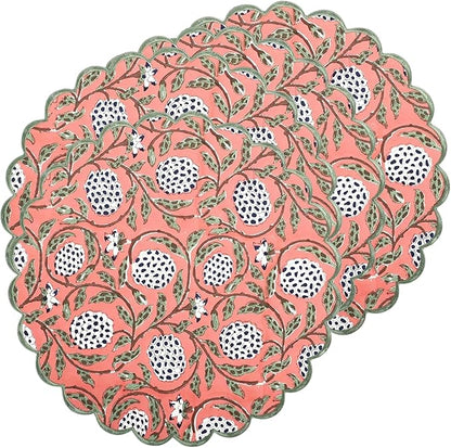 Ridhi Dark Salmon Bo-ho Round Place Mat Double Layer Floral Cotton Washable Placemats 15" Round Embroidery Block Print Table Mat (Pack of 4-15 Inch Round)