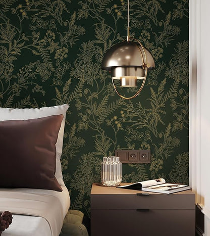 Peel and Stick Wallpaper Dark Green and Gold Floral Wallpaper Vintage Flower and Leaf Contact Paper for Cabinets Self-Adhesive Removable Wallpaper for Bedroom Bathroom Kitchen 394"x17.3"