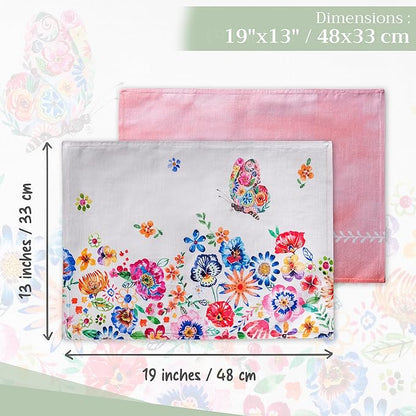 Maison d' Hermine Placemats Set of 4 100% Cotton Washable Cloth Place Mats, Reusable Table Mats for Kitchen Dining Decoration, Party, Restaurant Spring/Summer (Happy Florals - High Summer, 13" x 19")