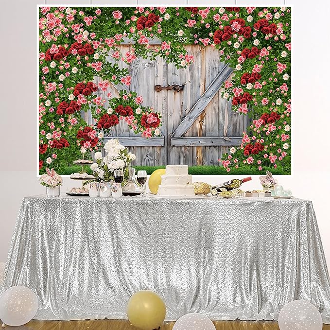AOFOTO Barn Door Rose Backdrop Rustic Red Pink Beige Flowers Background Romantic Phtography Banner for Anniversary Wedding Decor Photo Studio Photobooth Props 10x8ft