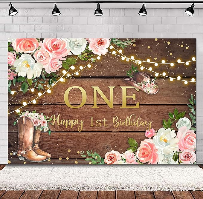 SVBright Cowgirl First Birthday Backdrop 5Wx3H Western Rustic Country Retro Wooden Plank Pink Flower Happy Birthday Baby Shower Wood Hat Decorations Photography Background Banner Photo Booth Studio