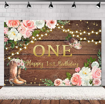 SVBright Cowgirl First Birthday Backdrop 5Wx3H Western Rustic Country Retro Wooden Plank Pink Flower Happy Birthday Baby Shower Wood Hat Decorations Photography Background Banner Photo Booth Studio
