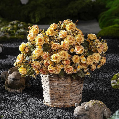 Artificial Rose Flowers for Outdoor 4 Bundles Rose Bouquet with Daisy Faux Flowers UV Resistant for Home Indoor Outside Garden Porch Window Box Balcony Yard Porch Fall Decor (Yellow)