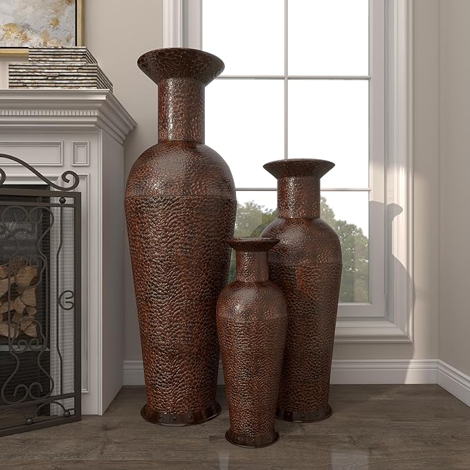 Deco 79 Metal Decorative Vase Indoor Outdoor Tall Floor Bottleneck Centerpiece Vases with Bubble Texture and Studs, Set of 3 Flower Vases for Home Decoration 50", 35", 26"H, Dark Brown