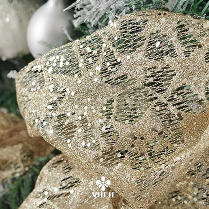 MEEDEE Champagne Gold Glitter Mesh Star Web Ribbon 10 Inch Wide by 10 Yards Roll Champagne Fabric Ribbon Decorative Champagne Mesh Ribbon for Christmas Tree, Garland, Holiday Wreaths, Bows