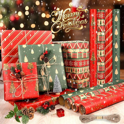 Panigkids Christmas Wrapping Paper(Including Jute Twine), 4 Rolls vintage wrapping paper with Geometric Stripes, Tree & Snowflakes Designs for Christmas Gift Wrap, Thanksgiving & Holiday & Party , 16.9'' x 16.4'