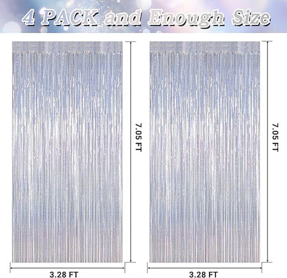 4 Pack New Year Party Fringe Backdrop, 3.28 FT x 7.05 FT Glitter Silver Tinsel Curtains, Metallic Foil Streamer Disco Fringe Backdrop Party Curtains, Birthday Party Supplies Disco Decorations