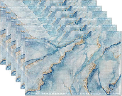 Marble Placemats Set of 6,Blue Gold Elegant Marbling Place Mats Heat Resistant Washable Non-Slip Table Mats for Party Kitchen Dining Decor 12x18 Inch