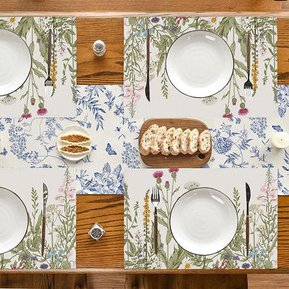 Wild Flowers Placemats Set of 4,Vintage Floral Plant 12x18 Inch Non-Slip Washable Heat Resistant Linen Fabric Table Mats,Place Mats for Holiday Party