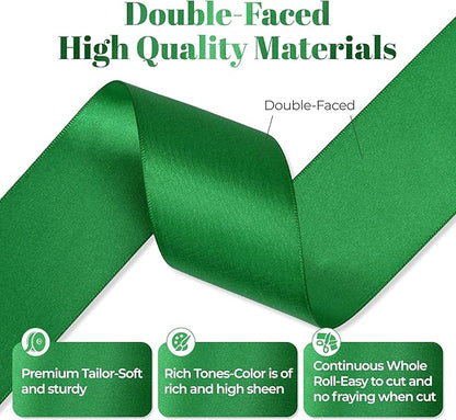 Green Satin Ribbon, Double Faced 2 Inch X 50 Yards Green Ribbon, Premium Satin Ribbon for Gift Wrapping, Crafts, Hair Bow Making, Sewing, Flower Bouquet, Wedding Party Decor