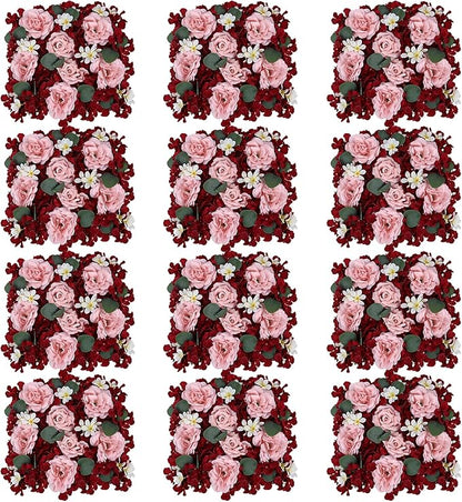 Pack of 12 Artificial Silk Flower Panels, Faux Floral Wall Background for Wedding Party Engagement Bridal Shower Arrangement Home Decorations - Burgundy & Dusty Pink