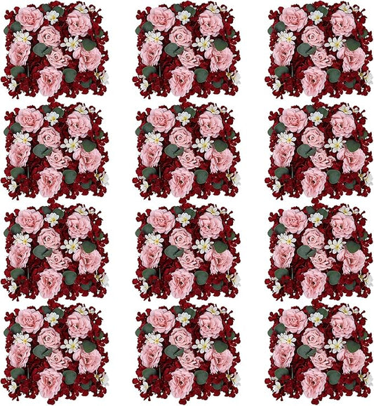 Pack of 12 Artificial Silk Flower Panels, Faux Floral Wall Background for Wedding Party Engagement Bridal Shower Arrangement Home Decorations - Burgundy & Dusty Pink