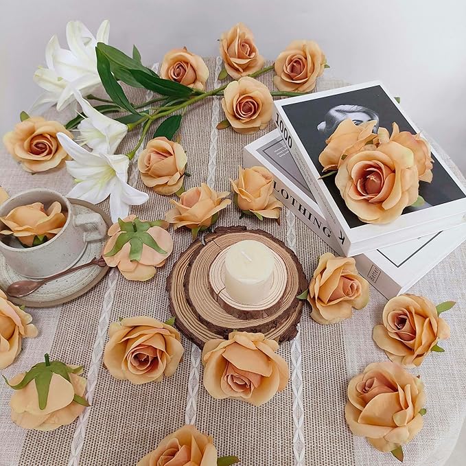 Artificial Light Coffee Satin Rose Flower Heads,42 Pcs Toffee Silk Rose Heads with Stems,3.5'' Rose Artificial Flowers Bulk,Artificial Brown Rose Flower Heads for DIY Crafts Bouquet (42, Toffee)