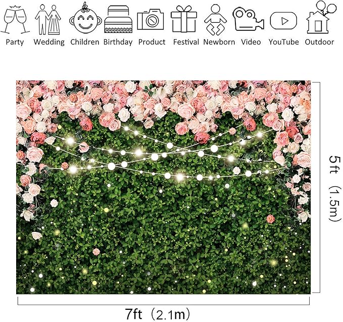 Riyidecor Flower Wall Backdrop 7Wx5H Feet Polyester Fabric Pink Rose Floral Blossom Green Leaves Plant Spring Nature Birthday Women Girls Photography Background Wedding Photo Studio Shoot