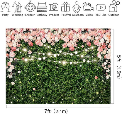 Riyidecor Flower Wall Backdrop 7Wx5H Feet Polyester Fabric Pink Rose Floral Blossom Green Leaves Plant Spring Nature Birthday Women Girls Photography Background Wedding Photo Studio Shoot