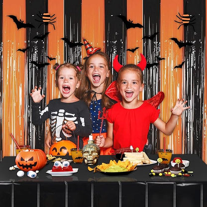 Melsan Halloween Decorations Tinsel Backdrop Foil Fringe Curtains, 3.2 ft x 8.2 ft Black Orange Metallic Foil Curtains for Halloween Party Photo Booth Props Decorations, 2 Pack