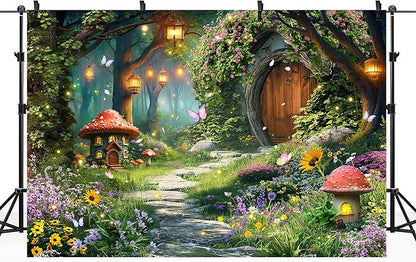 Riyidecor Fairy Backdrop Polyester Fabric Garden Butterfly Enchanted Wonderland Woodland Mushroom Floral Flower 8Wx6H Feet Nature Baby Shower Photography Background Birthday Photo Studio Shoot