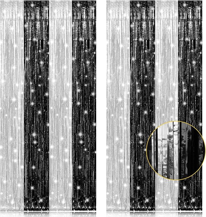 2 Pack 3.2 x 8.2 ft Black and Silver Foil Fringe Curtains Party Decorations, Sparkle Tinsel Curtain Photo Backdrop for Birthday Wedding Graduation Stream