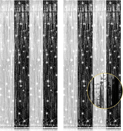 2 Pack 3.2 x 8.2 ft Black and Silver Foil Fringe Curtains Party Decorations, Sparkle Tinsel Curtain Photo Backdrop for Birthday Wedding Graduation Stream