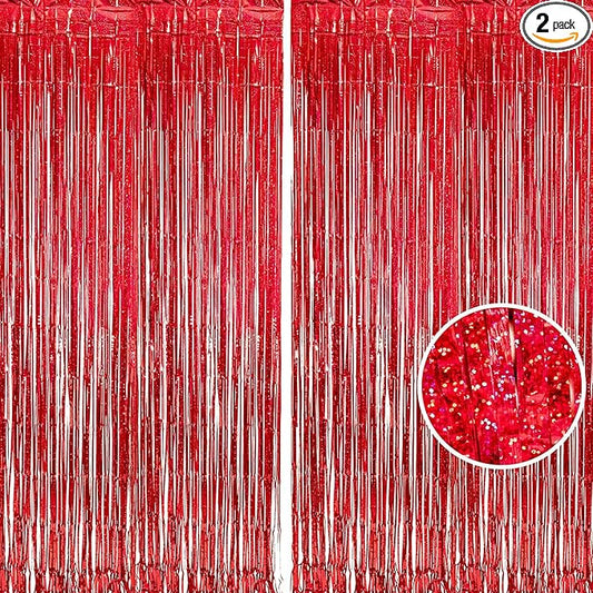 BRAVESHINE Red Tinsel Foil Fringe Curtains - 2Pcs 3.2x8.2ft Holidays Photo Booth Party Backdrop for Christmas/Girl/Birthday/Valentine’s/Bridal/Bachelorette/Anniversary/Engagement/New Years Decorations