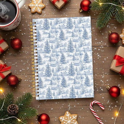 VIIJJUE Blue and White Chinoiserie Christmas Farmhouse Notebook for Women, Vintage French Country Toile de Jouy Journal, Xmas Tree Winter Hardcover Spiral Notebooks, 5.5x8.3 Inch