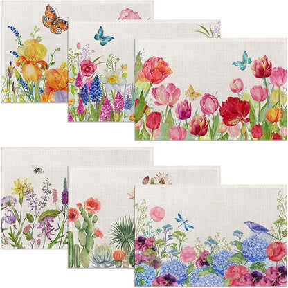 Vintage Floral Botanical Butterfly Placemats Set of 6, 12x18 Inch Waterproof Stain Resistant Linen Table Placemats Summer Seasonal Farmhouse Kitchen Party Decor Home Decor