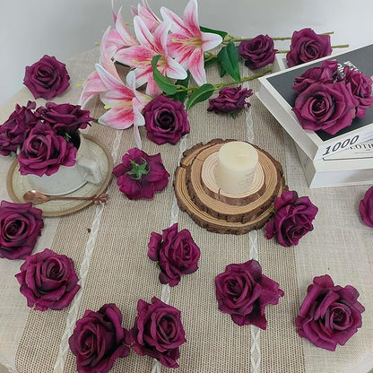 Artificial Satin Rose Flower Heads,48 Pcs Silk Rose Heads with Stems,3.3'' Rose Artificial Flowers Bulk,Artificial Rose Flower Heads for DIY Crafts Bouquet (48, Burgundy)