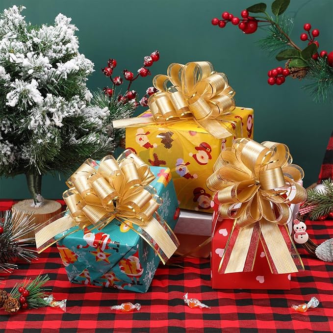 WILLBOND 20 Pieces 6 Inch Pull Bows Gift Wrapping Ribbon Pull Bows for Christmas Wedding Baskets Valentine Multicolor Wrap Accessory for Gift Present Holiday Decor(Gold)