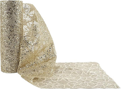 MEEDEE Champagne Gold Glitter Mesh Star Web Ribbon 10 Inch Wide by 10 Yards Roll Champagne Fabric Ribbon Decorative Champagne Mesh Ribbon for Christmas Tree, Garland, Holiday Wreaths, Bows