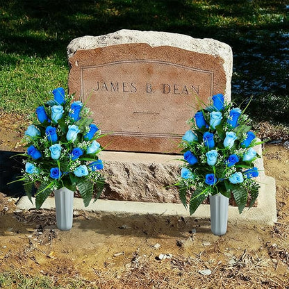 Artificial Cemetery Flowers - Set of 2 Grave Memorial Rose Flowers with Vase for Cemetery Headstones Gravesites Decoration (Dark Blue & Light Blue)