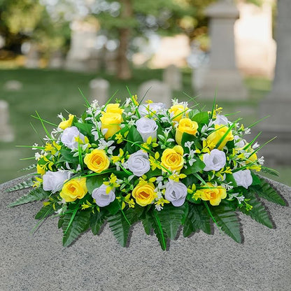 Artificial Cemetery Flowers Saddle-Shaped Tombstone Decorations Non-Fading UV-Resistant（Yellow and white saddle ）