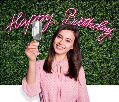 Riyidecor Neon Happy Birthday Backdrop Green Grass Leaf Rustic Spring Leaves Plant 7Wx5H Feet Pink Nature for Woman Photography Background Birthday Party Decoration Photo Studio Shoot Fabric