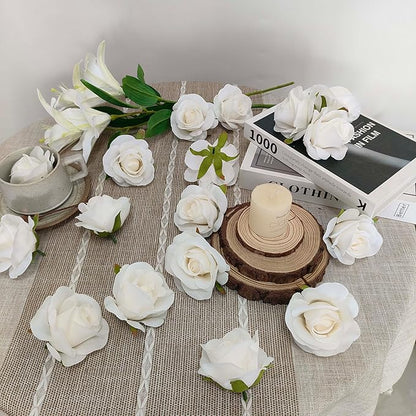 Artificial Satin Rose Flower Heads,42 Pcs Silk Rose Heads with Stems,3.5'' Rose Artificial Flowers Bulk,Artificial Rose Flower Heads for DIY Crafts Bouquet (42, White)