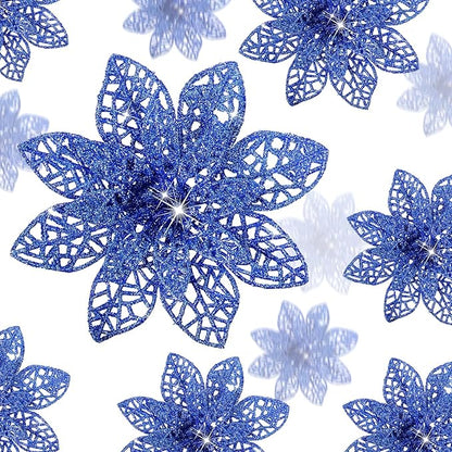 Boao Royal Blue 24 Pieces Poinsettia Flower Christmas Glitter Artificial Poinsettia with Clips Christmas Tree Ornament Decorations for DIY Xmas Wreath Holiday Home Party Decor, 3/4/6 Inches
