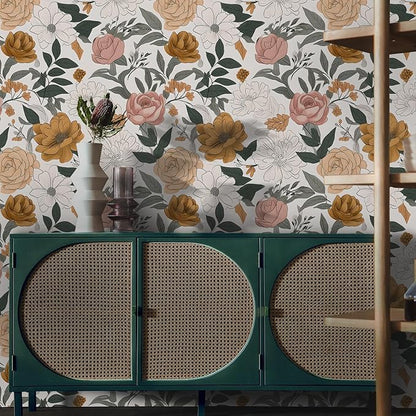 Vintage Peel and Stick Wallpaper,Boho Wall Paper Stick on Bcacksplash,17.3"x118" Contact Wallpapers,Wildflowers Botanical Papers,Removable&Renter Friendly Bright Floral Paper(1 Roll)